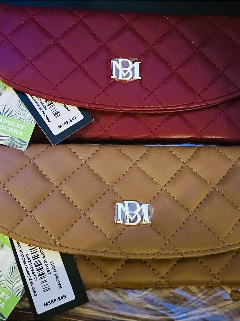 Badgley Mischka Quilted Leather Wallet Clutch in Burgundy & Light Brown